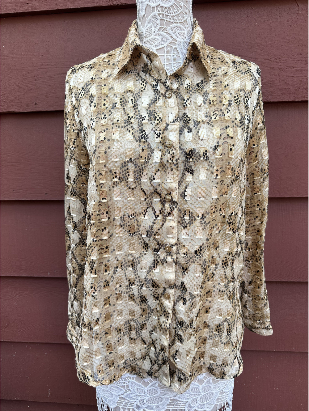 Notations Gold Snake Print Sheer Blouse Y2K Mob Wife Style Vintage